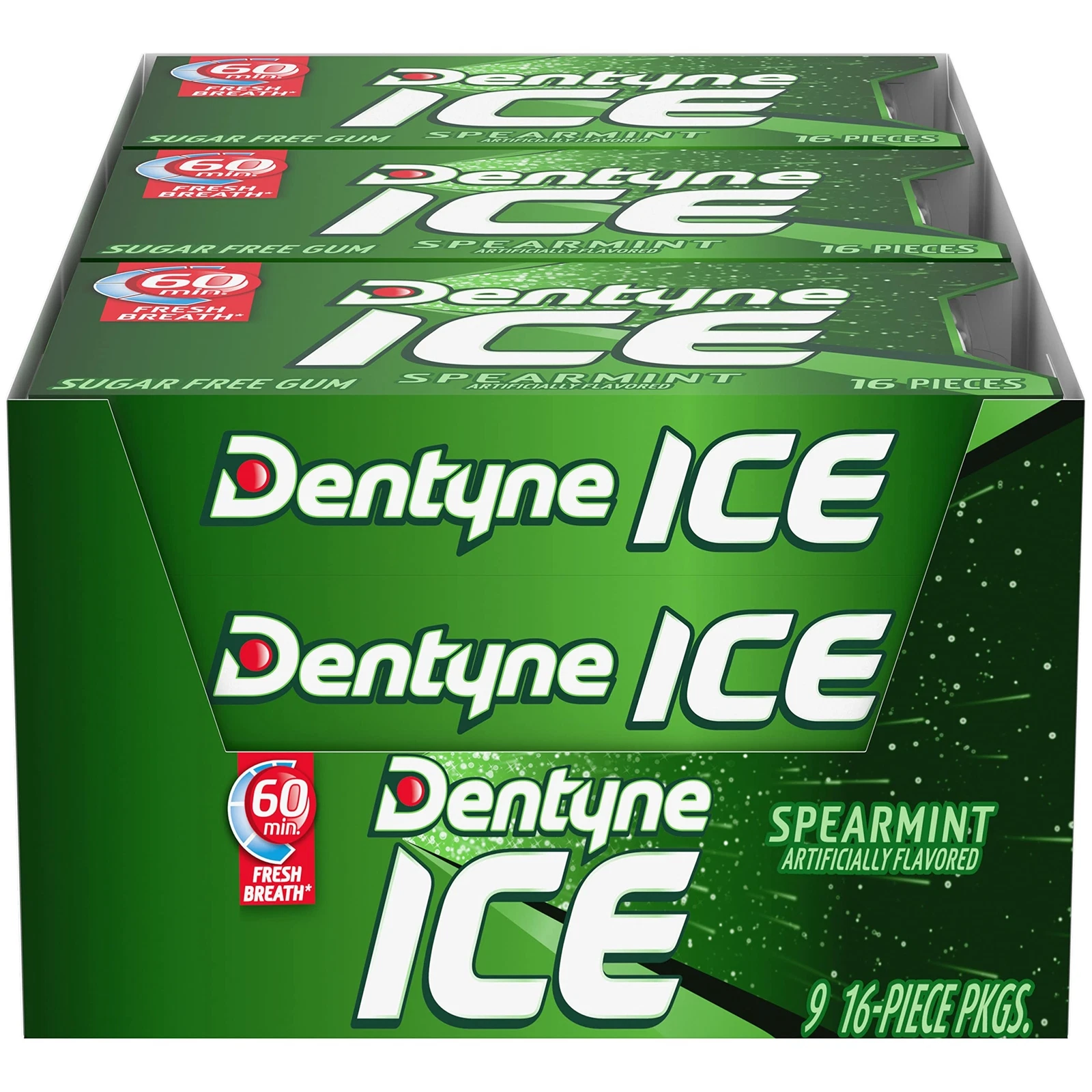dentyne ice spearmint sugar free gum – 9 packs of 16 pieces | long lasting fresh breath